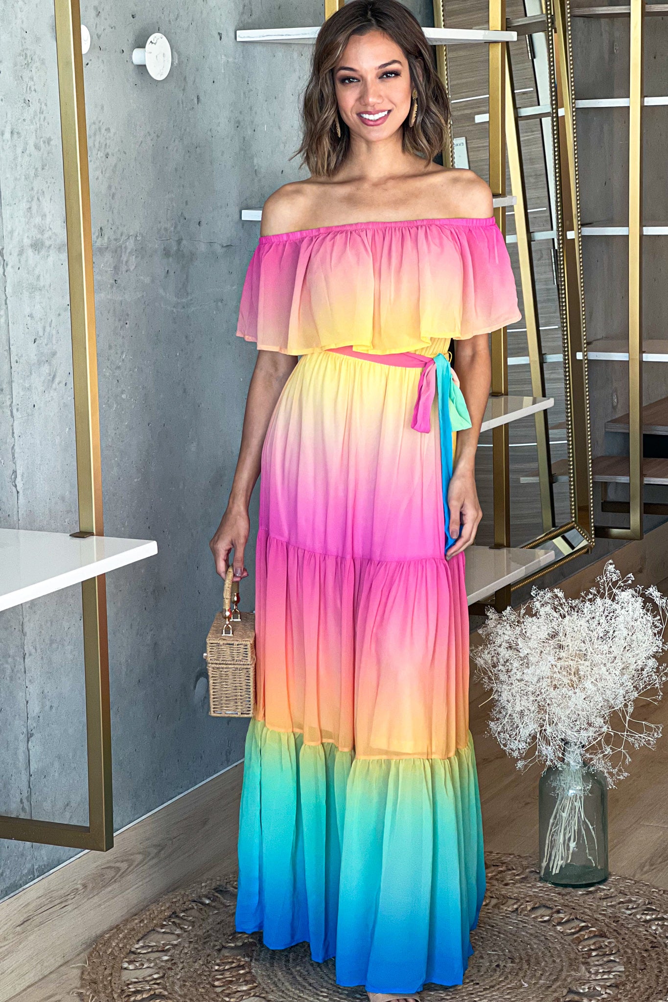 Pink And Yellow Multi Color Off Shoulder Maxi Dress | Maxi Dresses Saved by the Dress Pink And Yellow Multi Color Off Shoulder Maxi Dress | Maxi Dresses Saved by the Dress