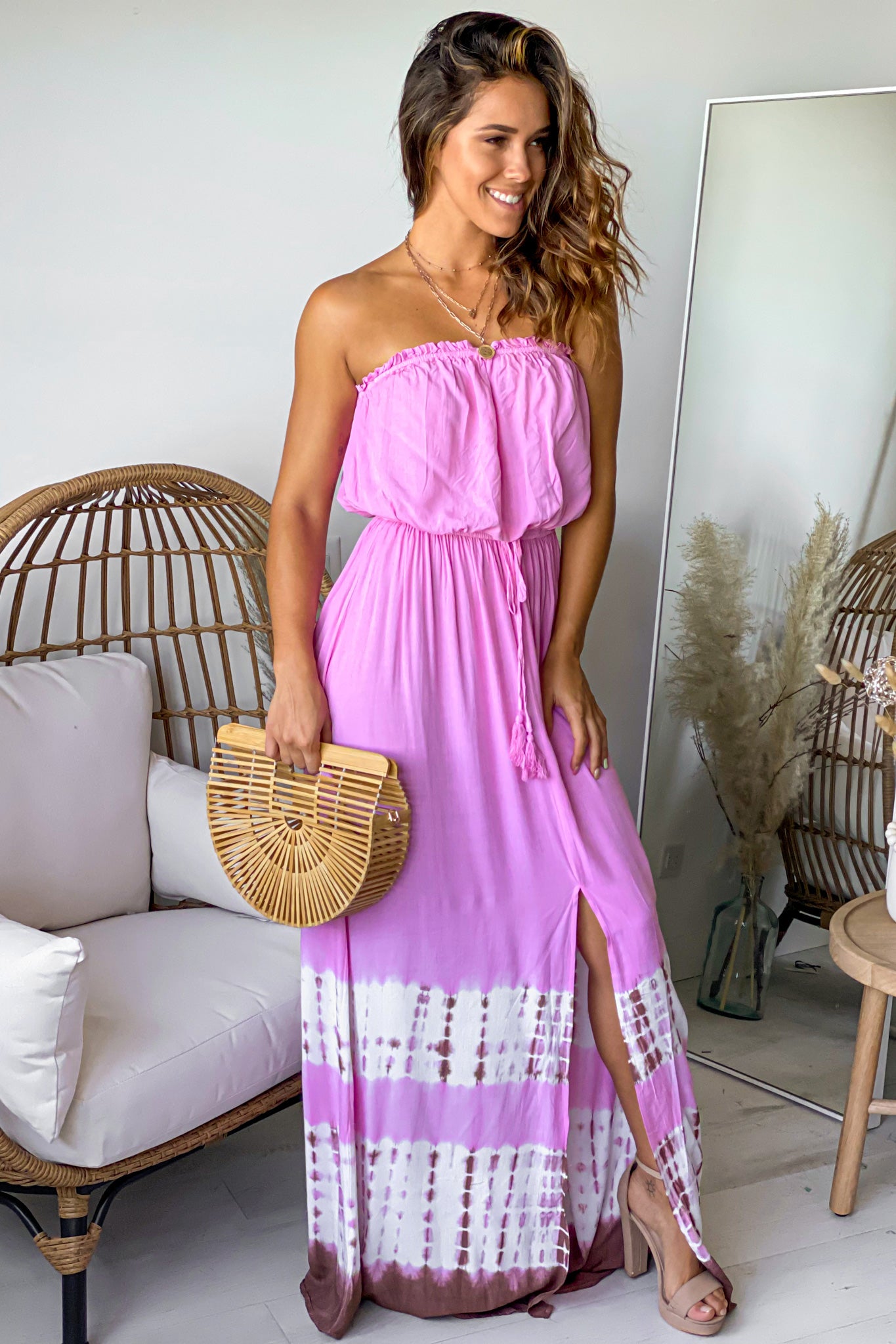 Pink Strapless Maxi Dress With Tie Dye Detail Maxi Dresses