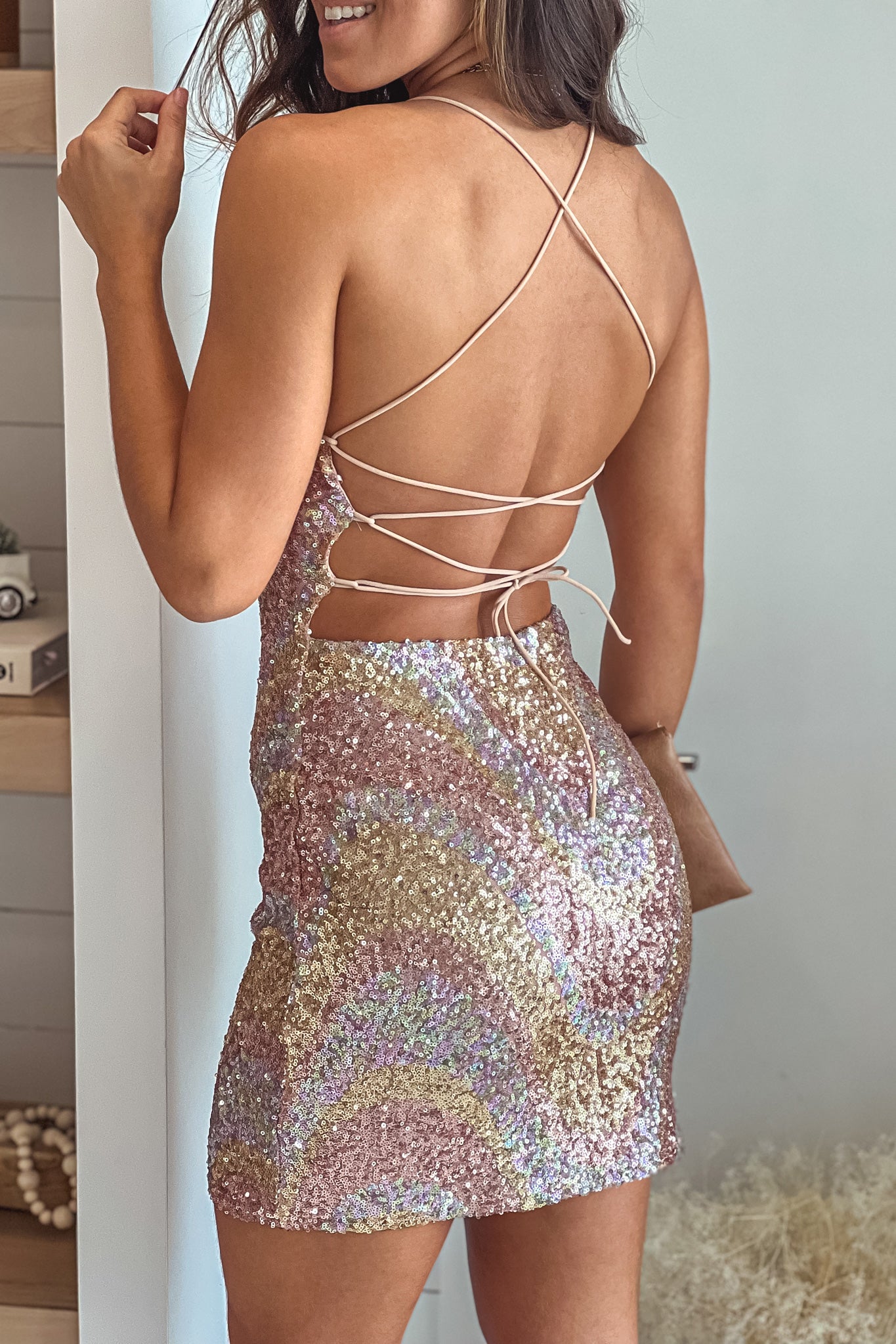 Pink Multi Color Sequin Short Dress With Strappy Back Short