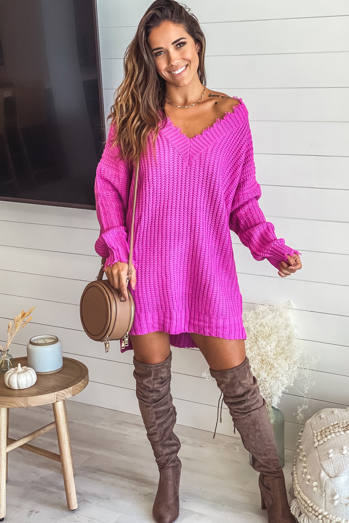 pink rose sweater dresses Open Stitch Off the Shoulder Long Sleeve Sweater Dress (Women)