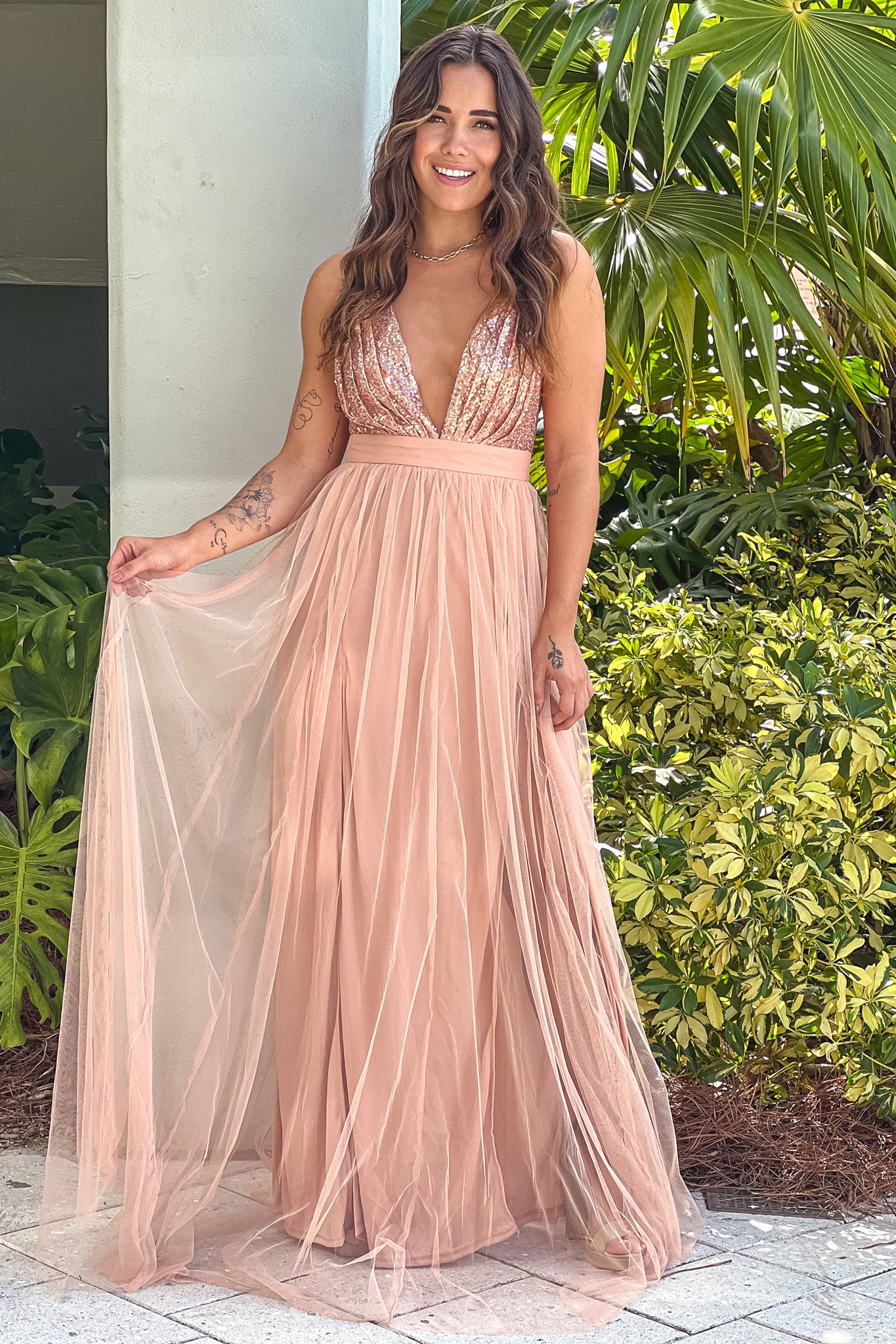 Rose Gold Tulle Maxi Dress with Sequin Top | Maxi Dresses Saved by the Dress Rose Gold Tulle Maxi Dress with Sequin Top | Maxi Dresses Saved by the Dress