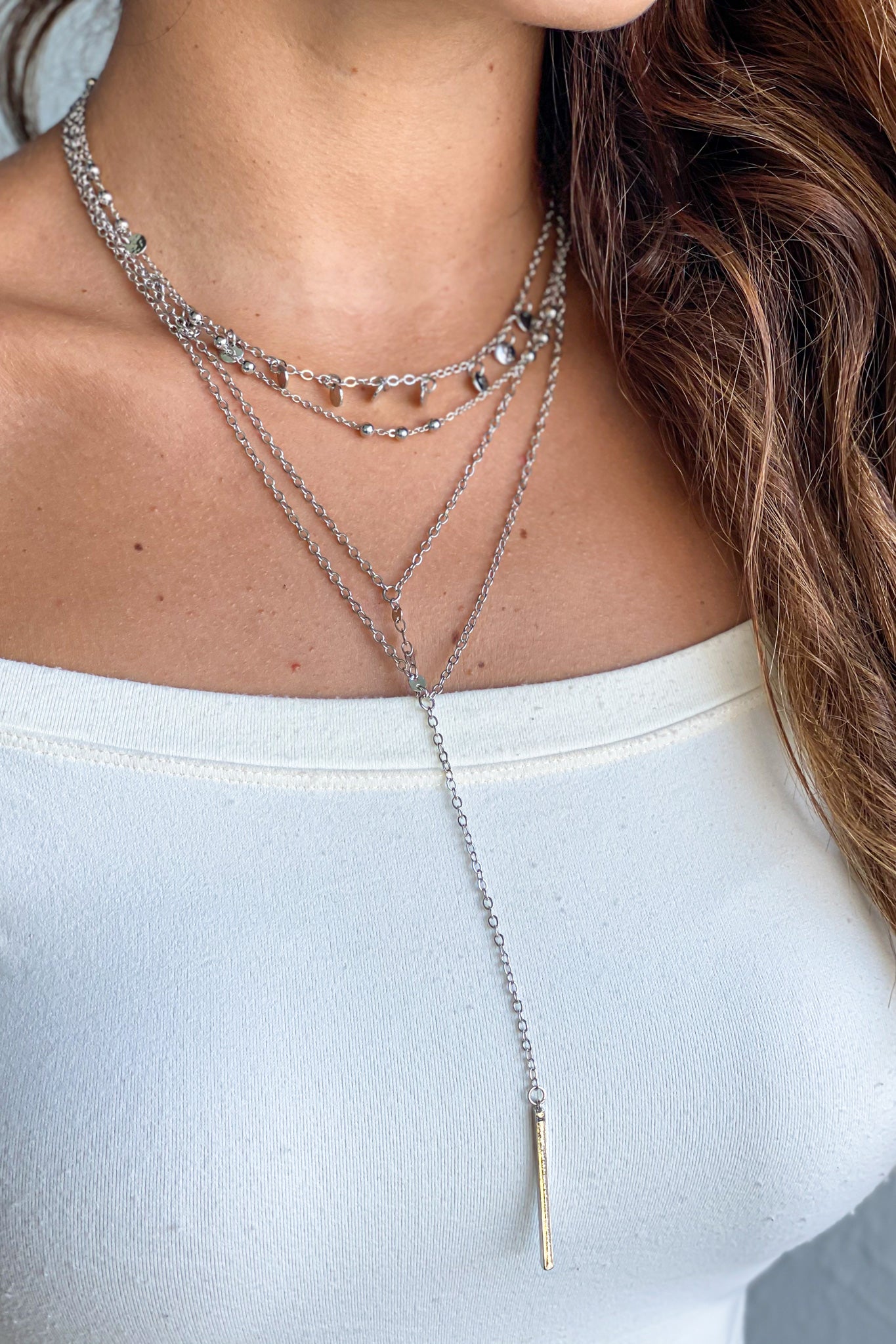 Silver Layered Necklace With Bar Pendant – Saved by the Dress