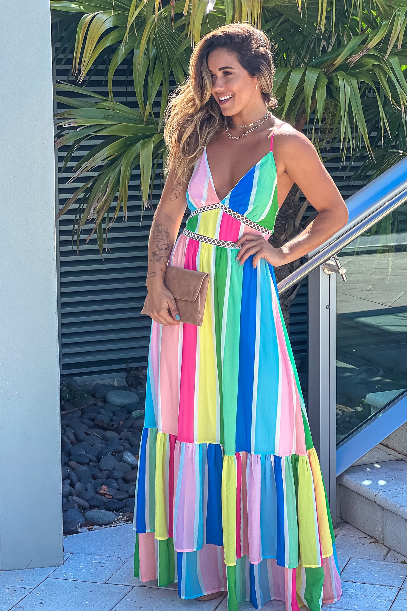 Blush Striped Multi Color Maxi Dress With Criss Cross Back Saved by the Dress Blush Striped Multi Color Maxi Dress With Criss Cross Back Saved by the Dress