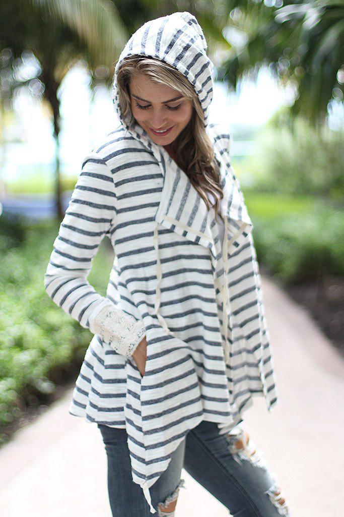 Striped Hooded Cardigan With Crochet Detail Saved by the Dress