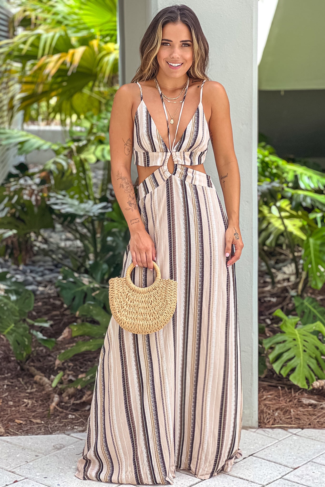 Taupe Striped Maxi Dress With Cut Outs | Maxi Dresses Saved by the Dress Taupe Striped Maxi Dress With Cut Outs | Maxi Dresses Saved by the Dress
