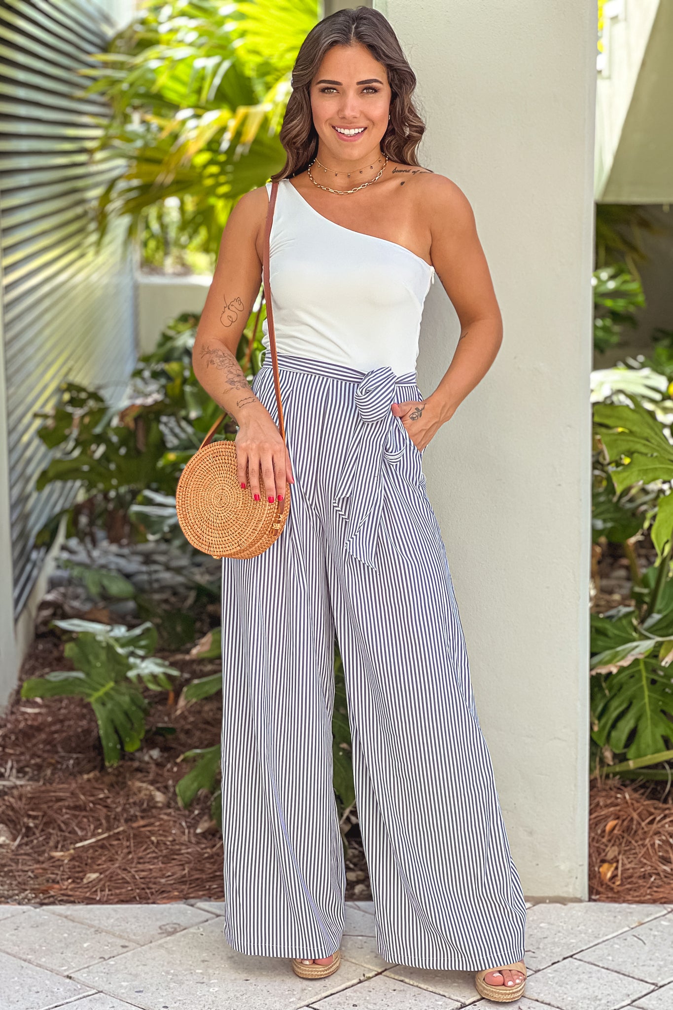 black and white striped one shoulder top