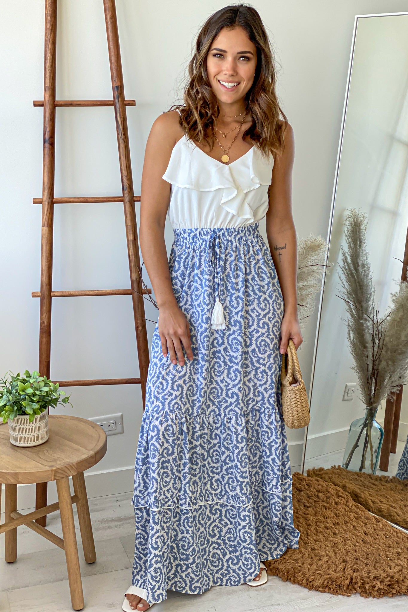 blue and white printed maxi dress White And Blue Printed Maxi Dress
