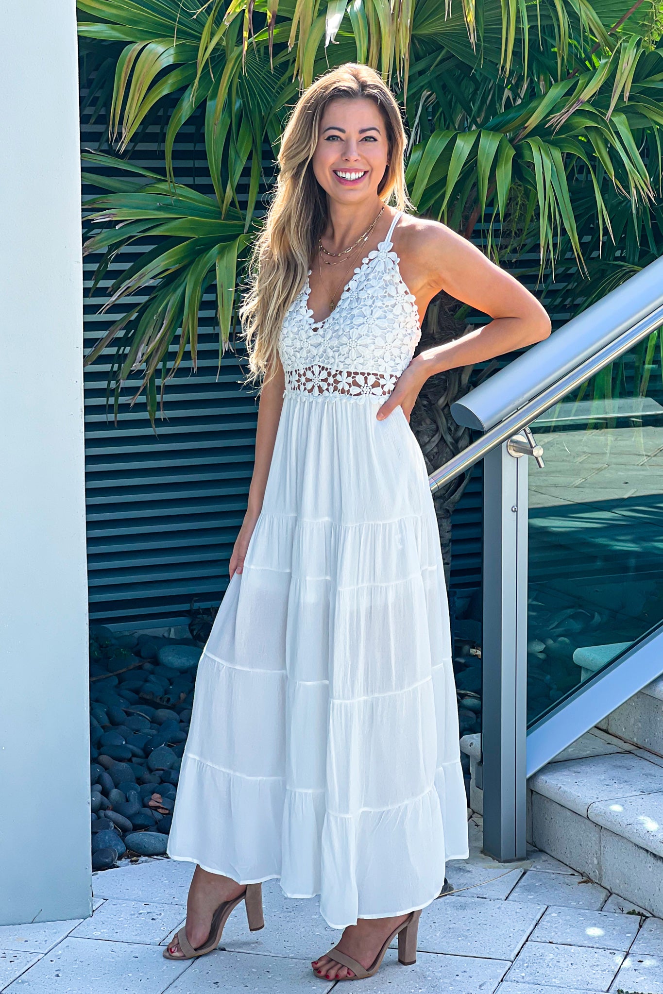 white crochet maxi dress White Floral Crochet Top Maxi Dress