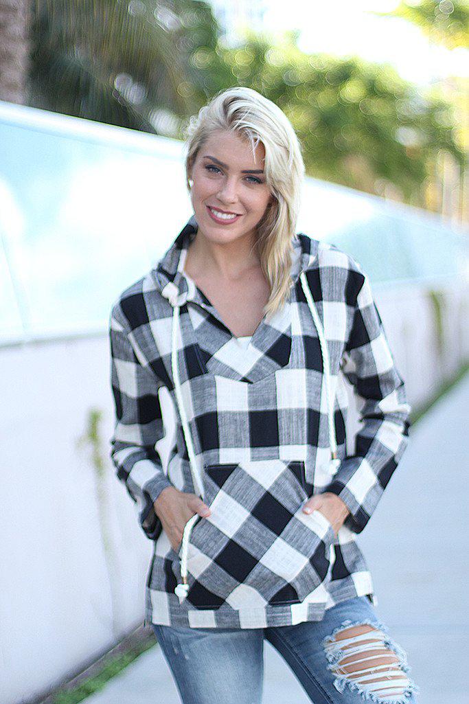 Black And White Plaid Hoodie With Pocket