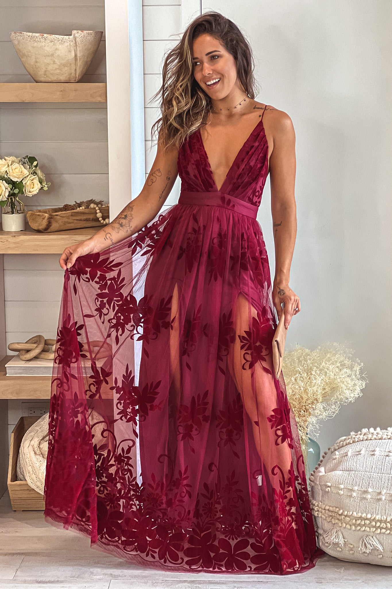 Wine Floral Tulle Maxi Dress | Maxi Dresses Saved by the Dress Wine Floral Tulle Maxi Dress | Maxi Dresses Saved by the Dress