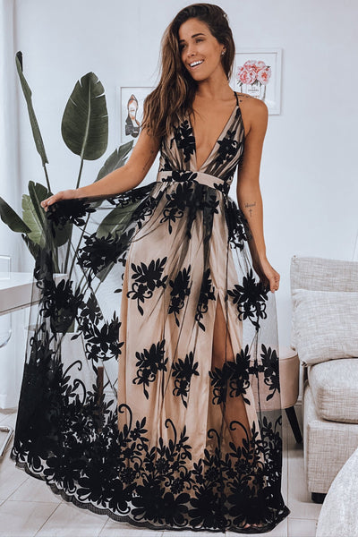Black and Beige Floral Tulle Maxi Dress with Criss Cross Back