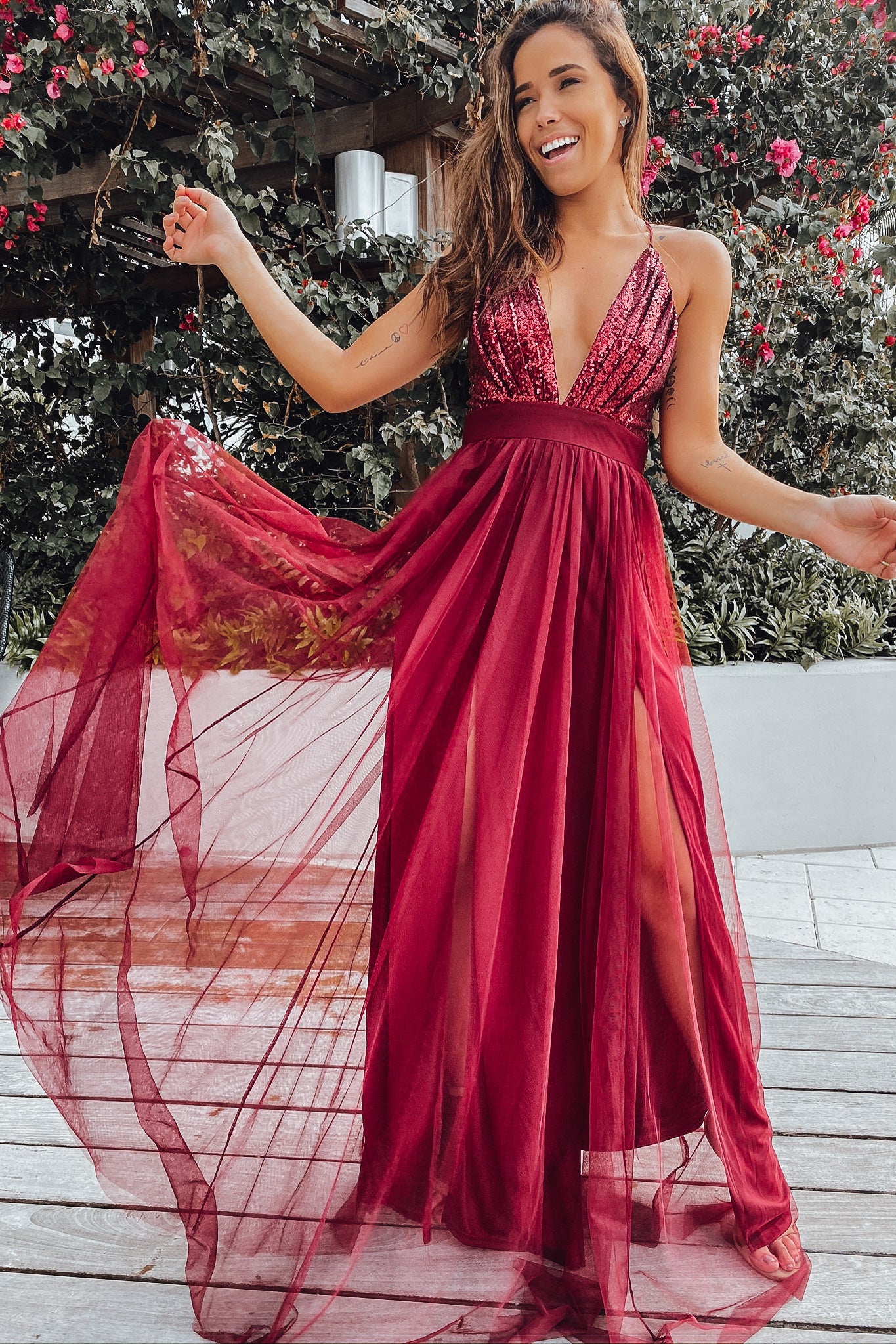 Wine Tulle Maxi Dress with Sequin Top