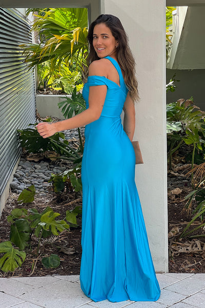 aqua one shoulder maxi dress with cut out and slit