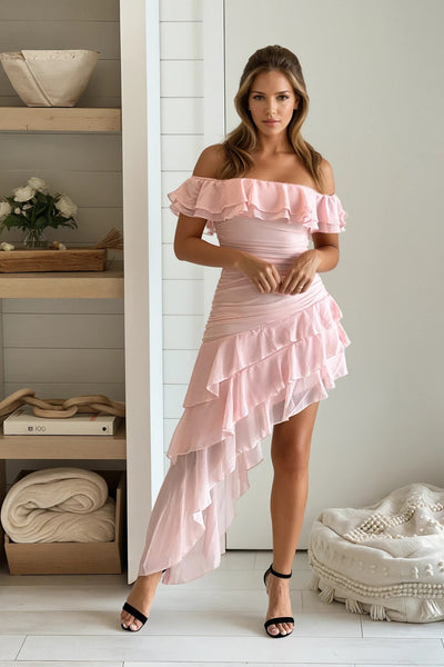 baby pink ruffled asymmetrical dress