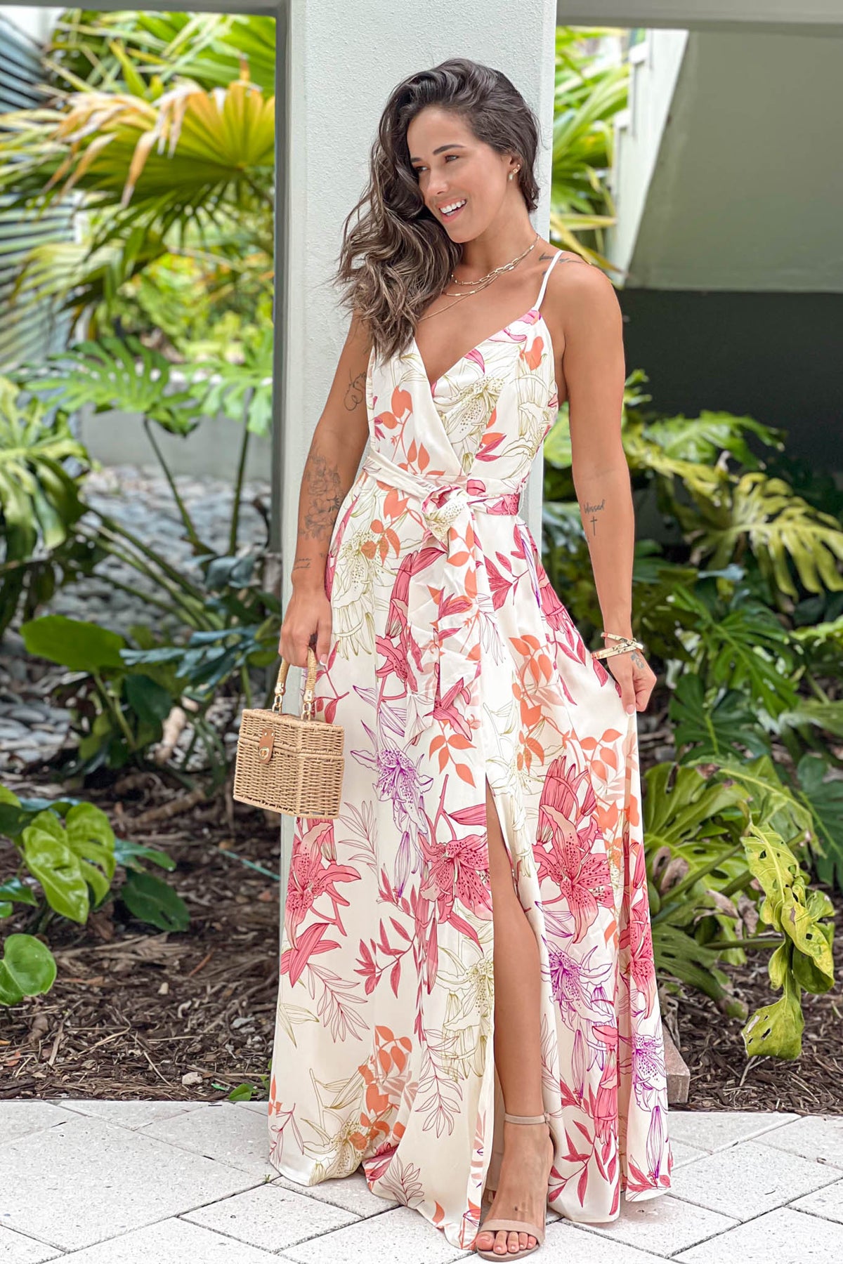 Beige Floral Maxi Dress With Slit
