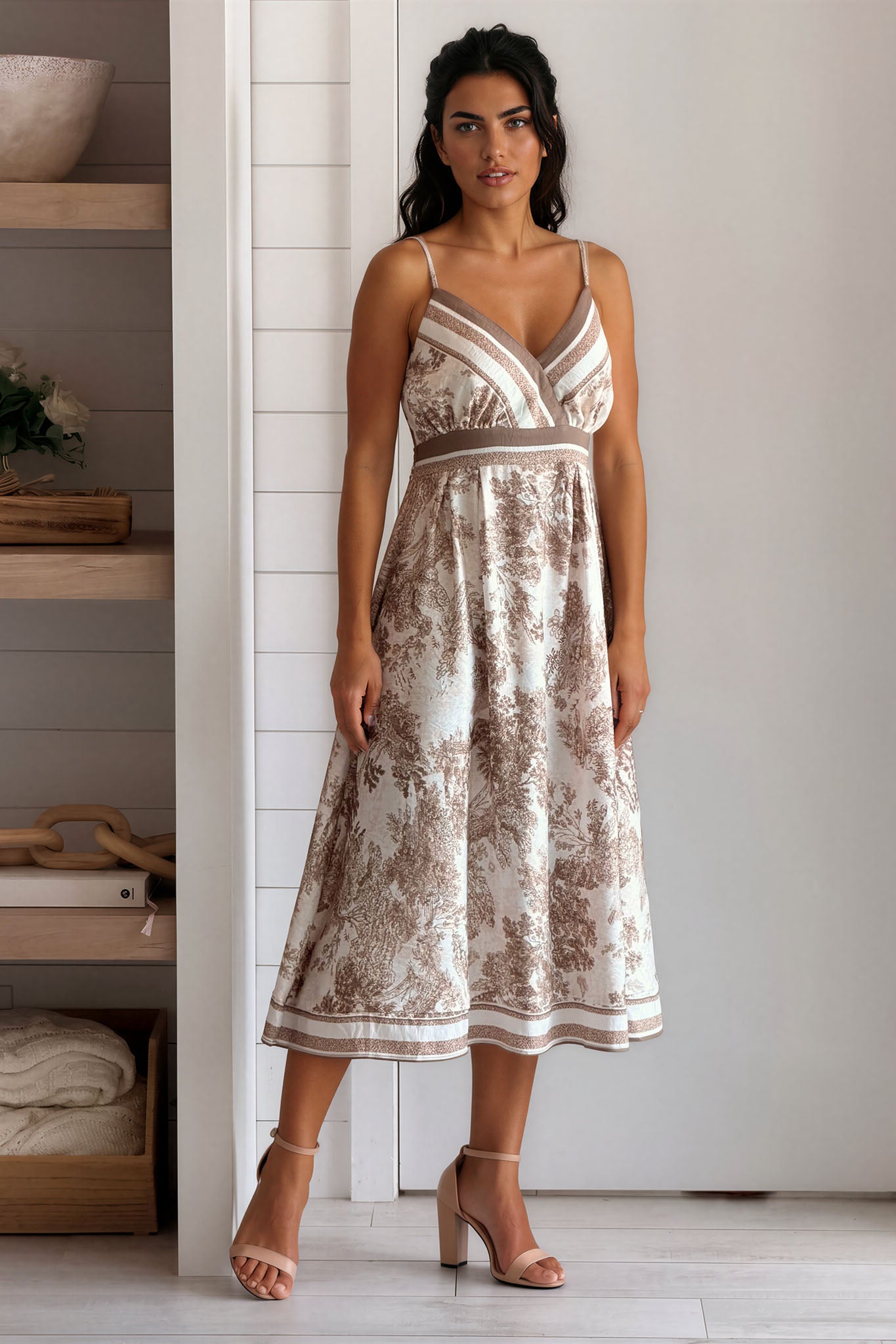 Beige Printed V-Neck A-Line Dress