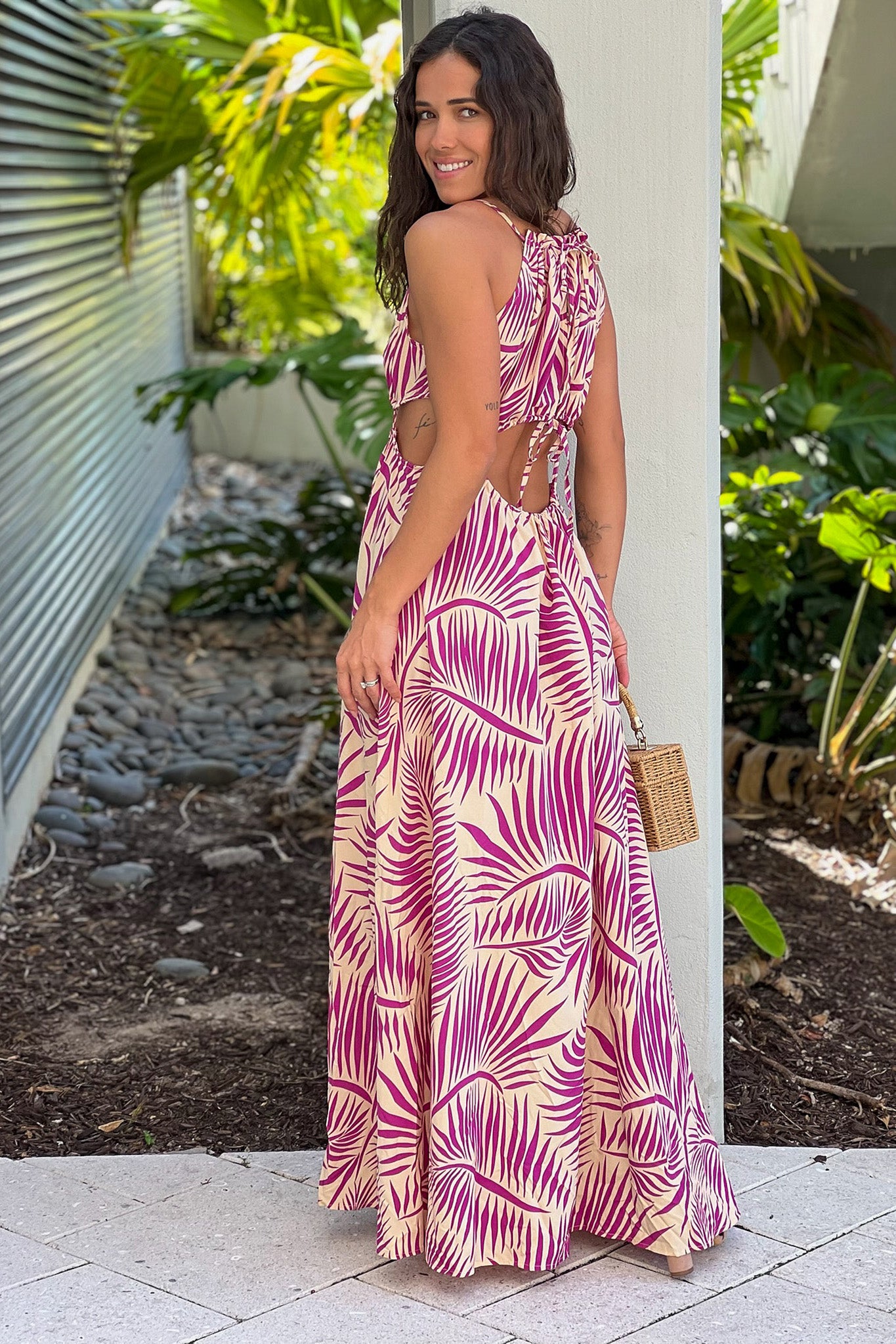 berry cut out tropical maxi dress