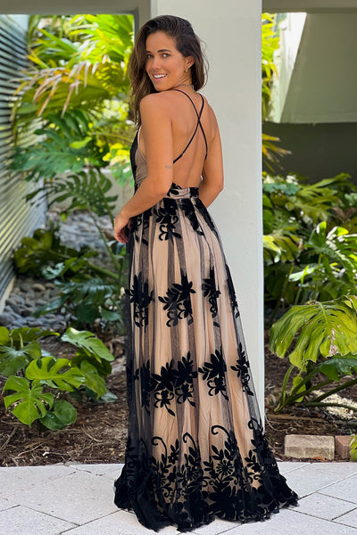 black and beige floral maxi dress with criss cross back