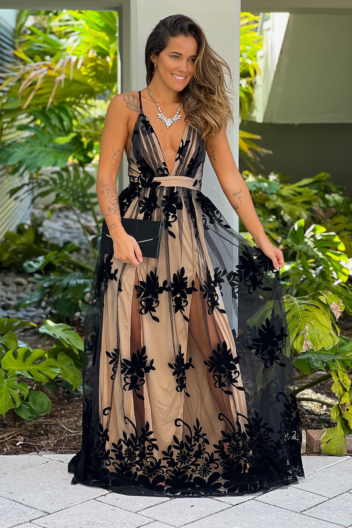 black and beige tulle maxi dress