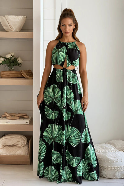 black and green printed cut out maxi dress