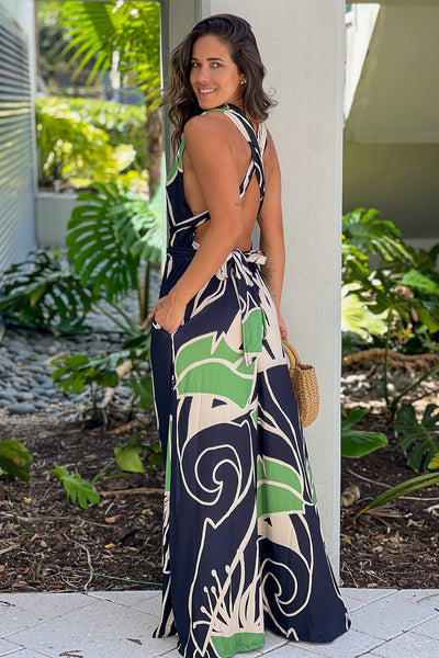 black and green printed open back maxi dress