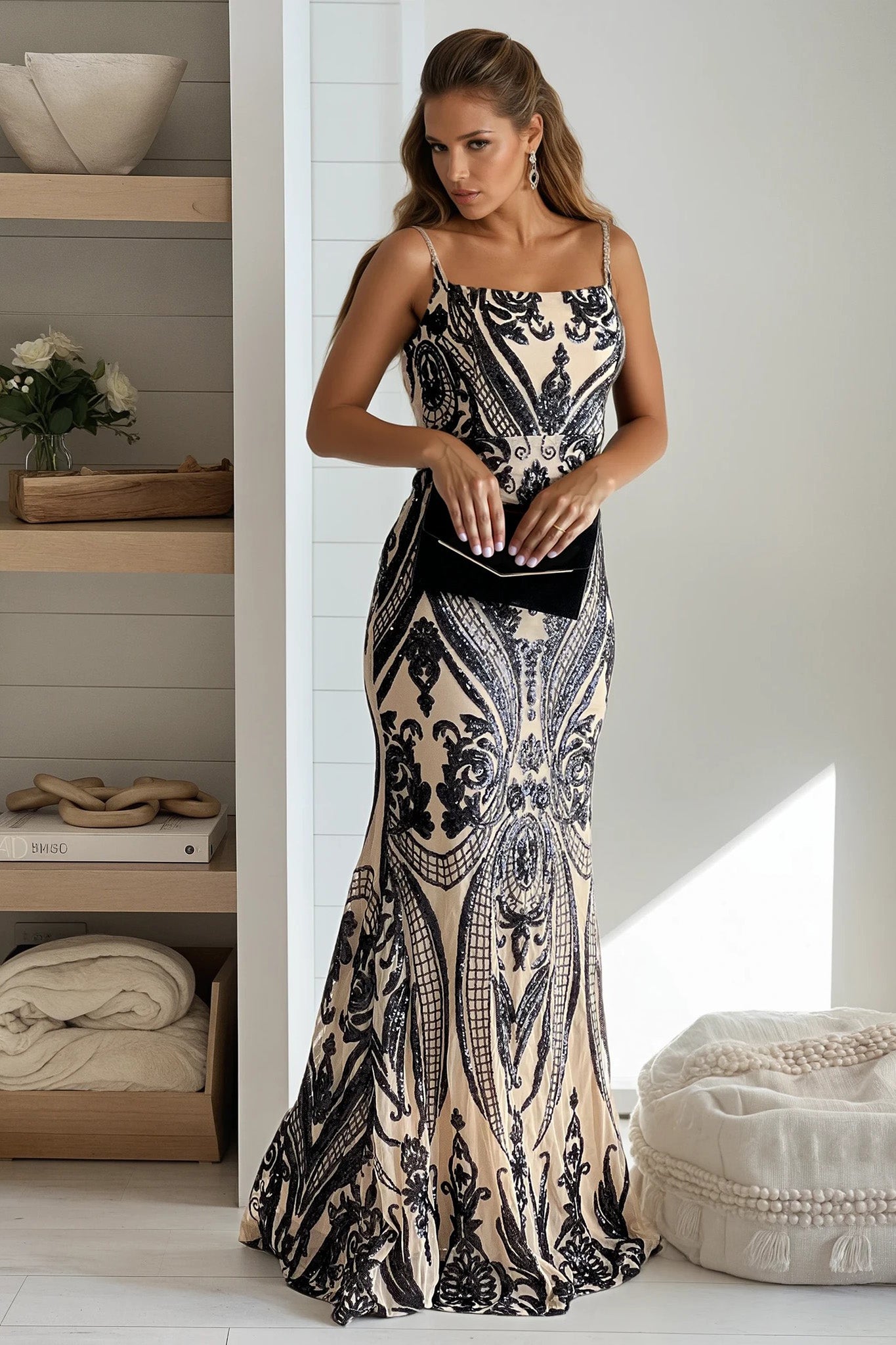black and nude sequined maxi dress