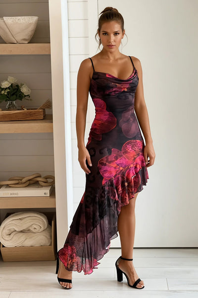 black and pink floral ruffle asymmetrical dress