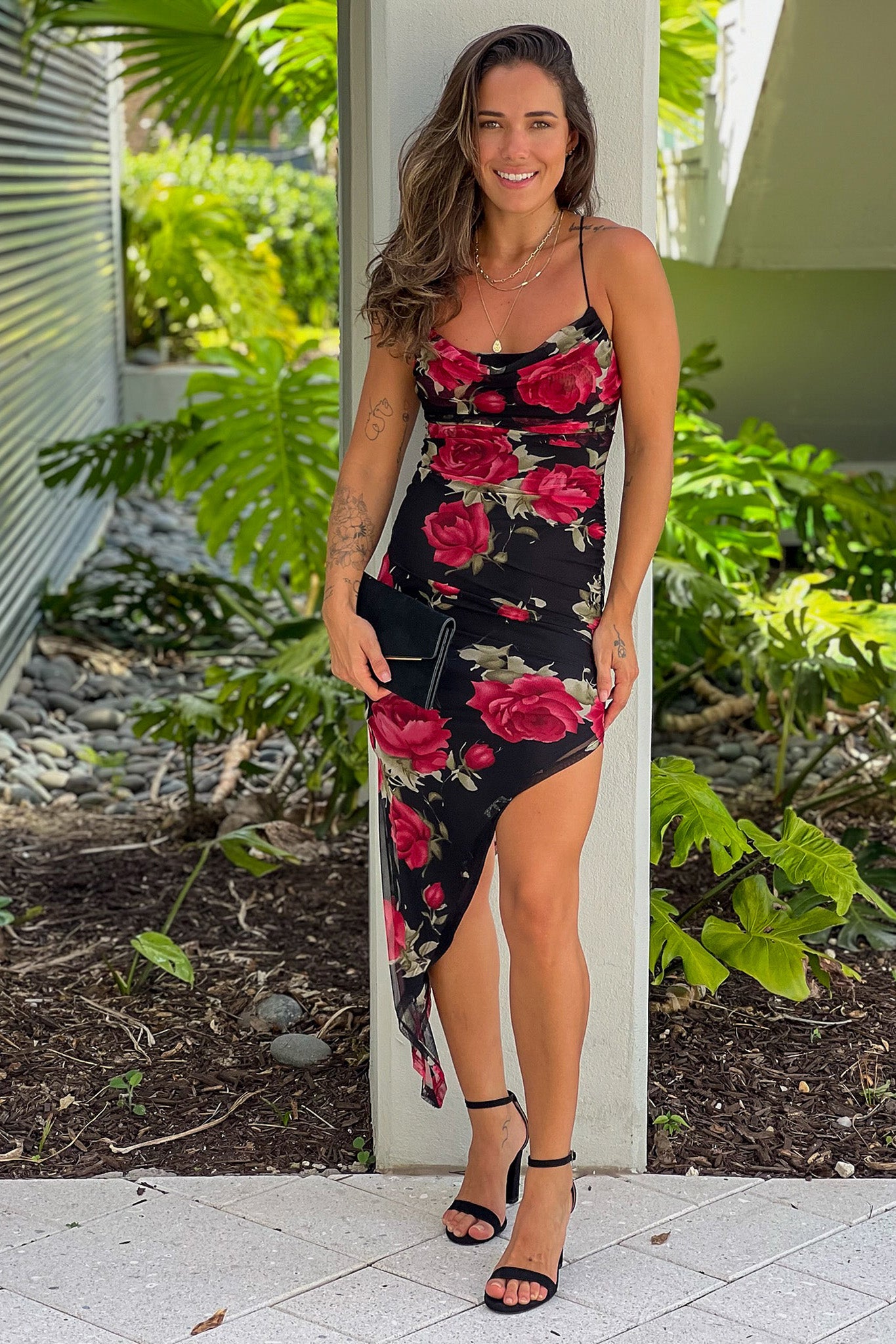 black and red floral dress