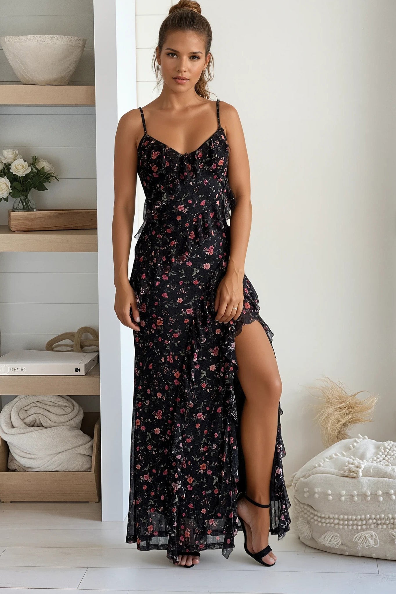 black and red floral maxi dress with slit