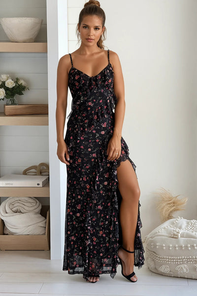 black and red floral maxi dress with slit