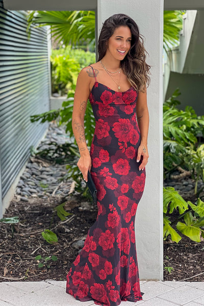 black and red floral mermaid maxi dress