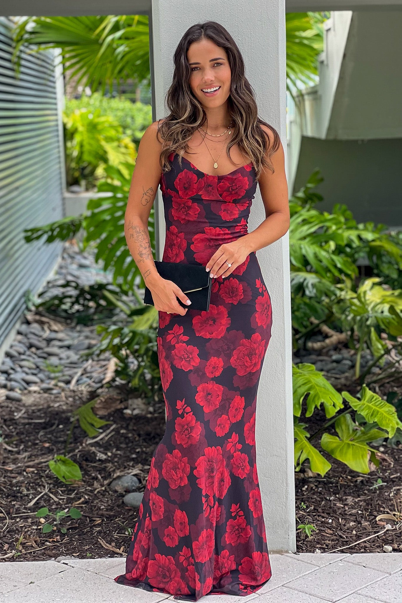 black and red floral mesh maxi dress