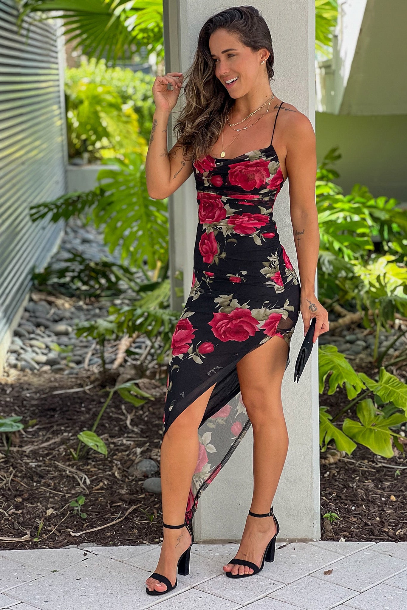 black and red floral ruched dress