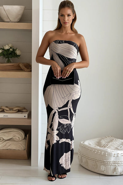 black and taupe printed tube maxi dress