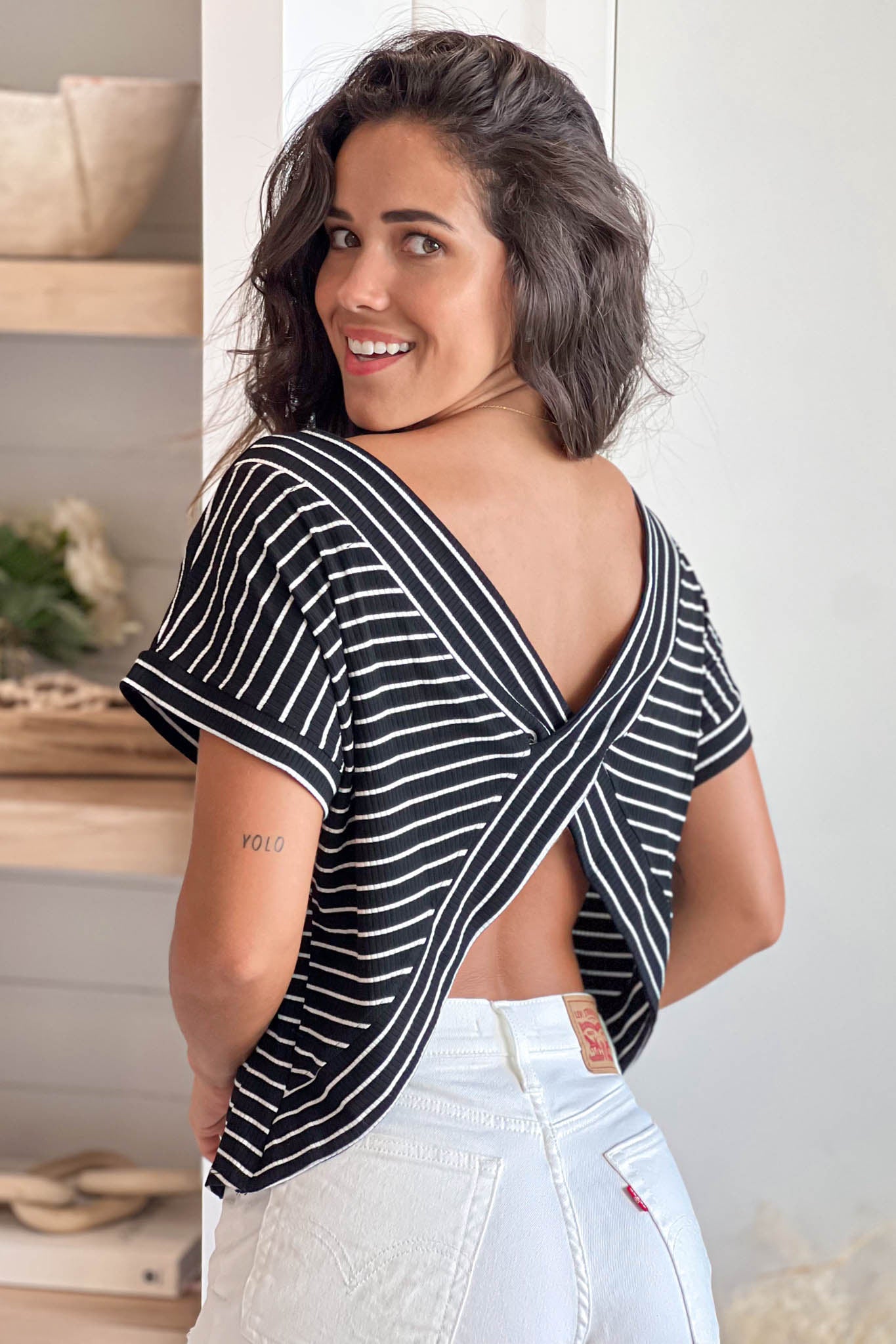 black and white dolman short sleeve striped top