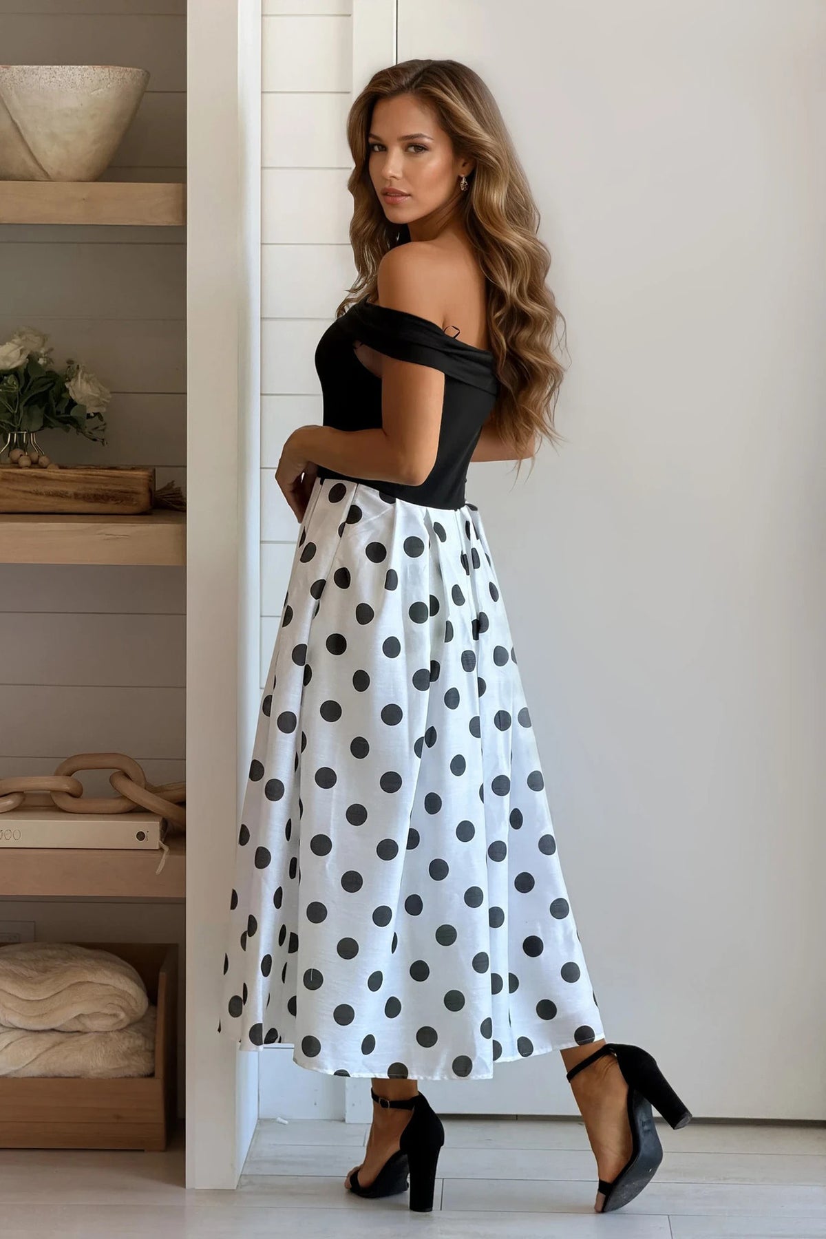 white polka dot off the shoulder dress Mae Off Shoulder Mini Dress