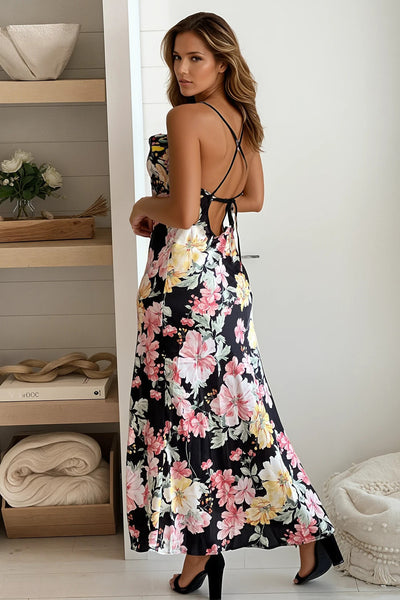 black and yellow floral satin dress with criss cross back