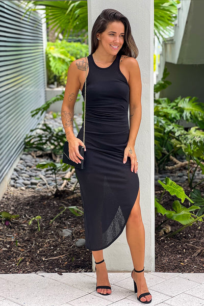 black asymmetrical midi dress