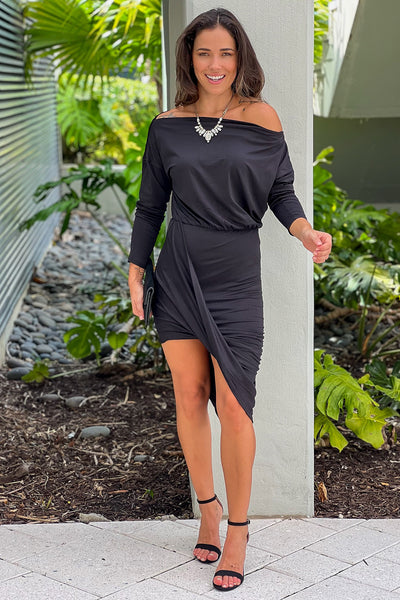 black asymmetrical ruched dress