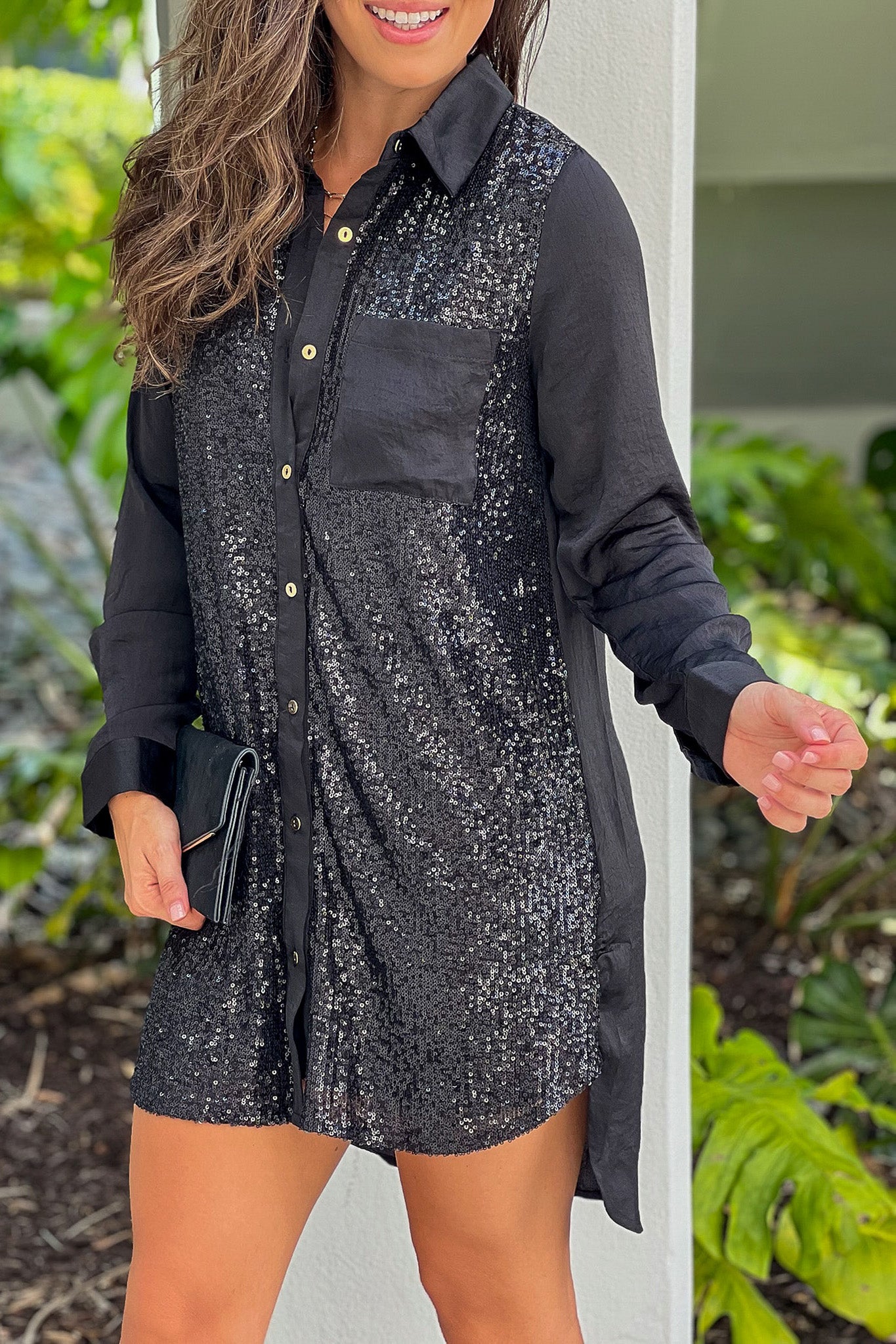 black button down sequin shirt dress with pocket