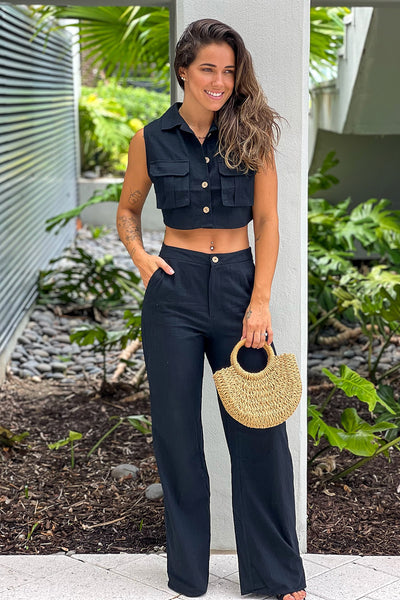 black button down top and pants set