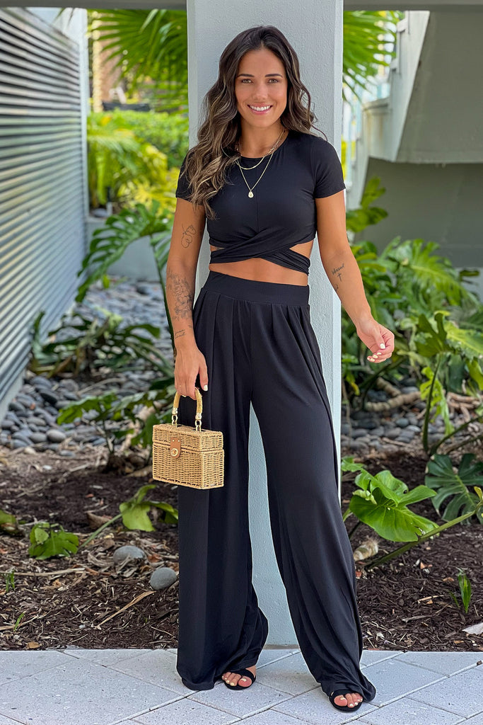 Black Criss Cross Crop Top And Pants Set | Online Boutiques