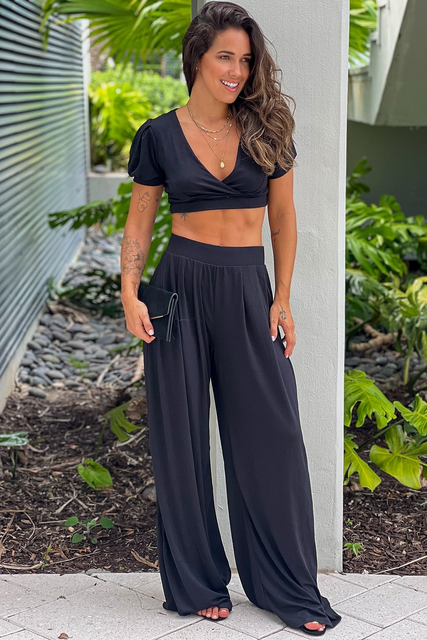 black crop top and pants set