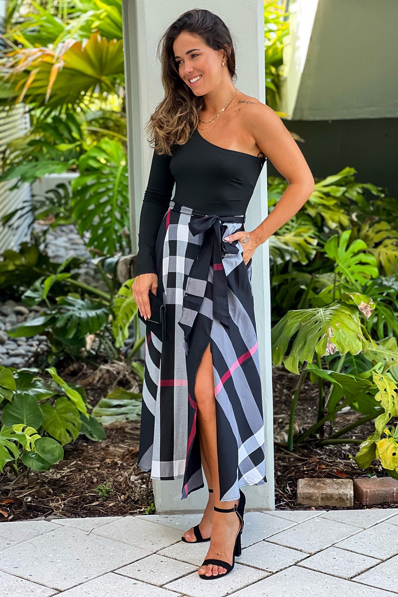 black and white plaid maxi dress Block Maxi Dress