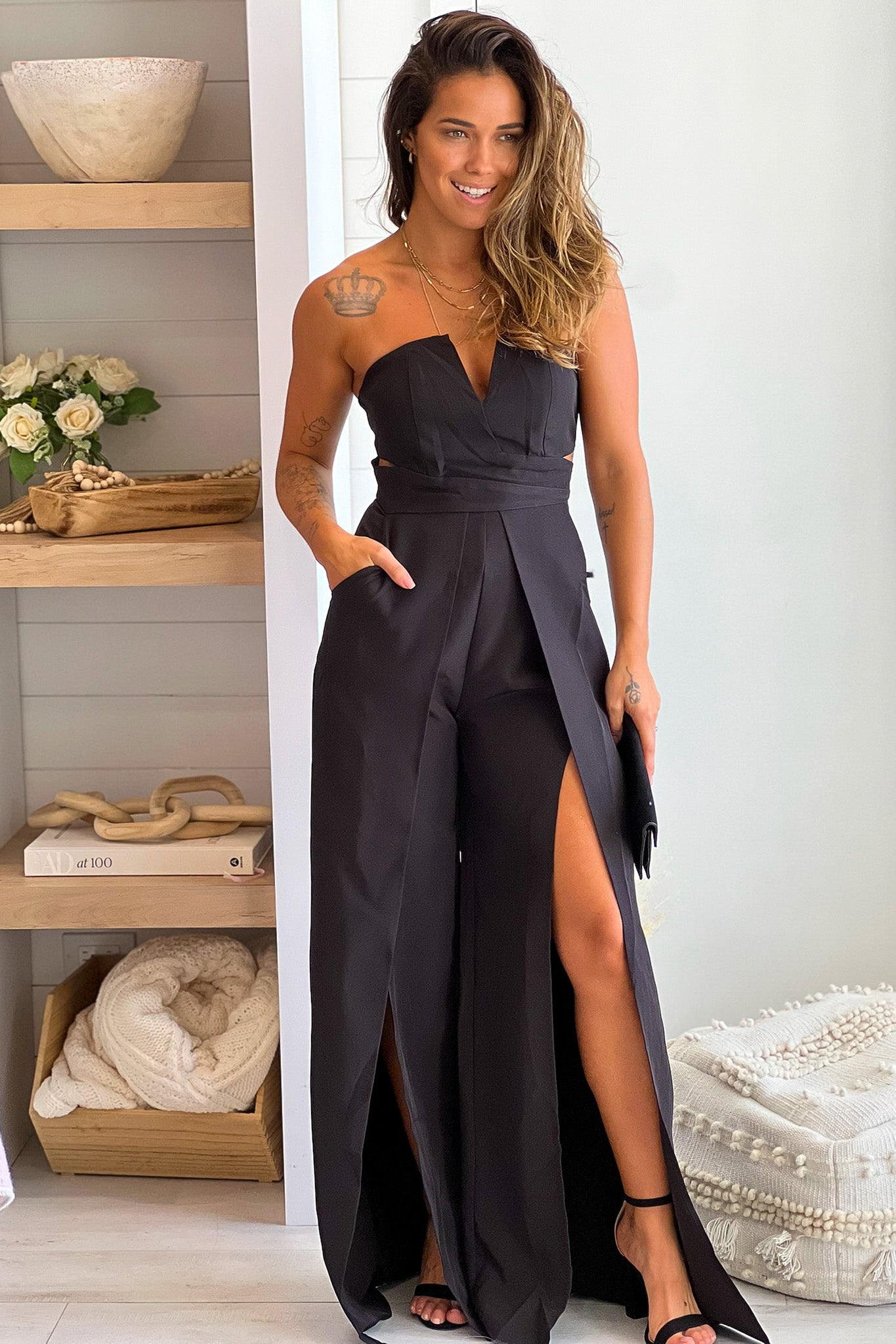 Black Strapless Jumpsuit with Slits | Cute Jumpsuits Saved by the Dress Black Strapless Jumpsuit with Slits | Cute Jumpsuits Saved by the Dress