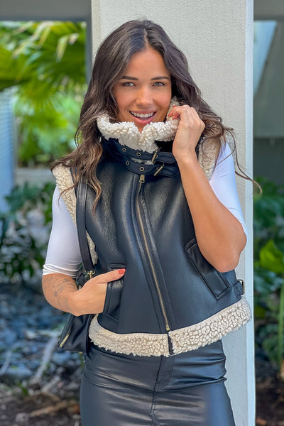 black faux leather shearling vest