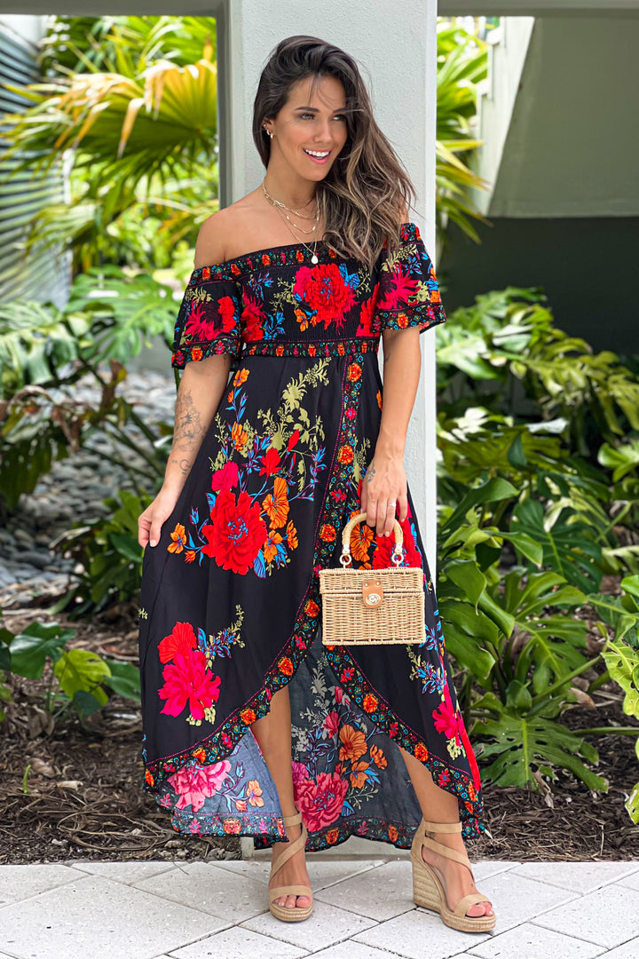 Black Floral Off Shoulder High Low Dress