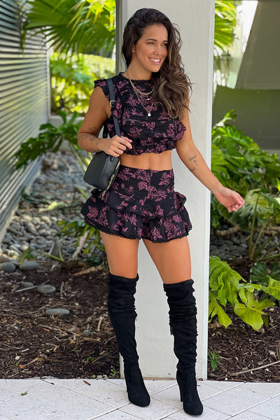 black floral ruffle skorts and top outfit