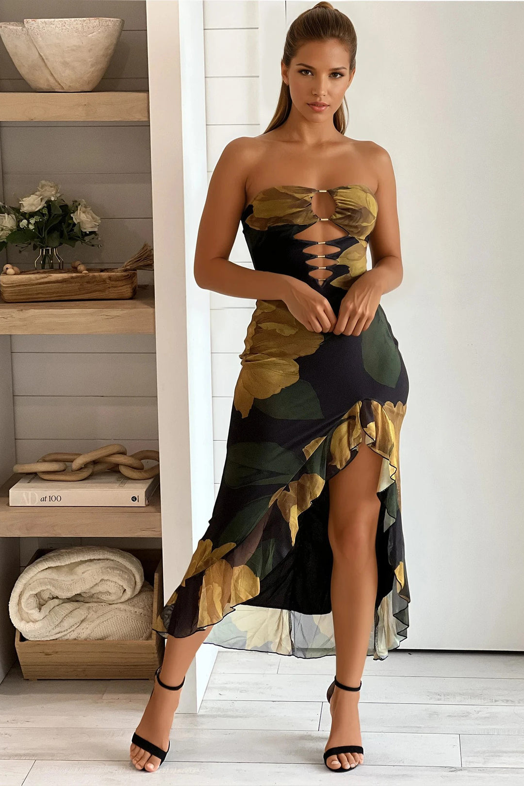 Black Floral Ruffled Slit Dress | Cocktail Dresses  Saved by the Dress