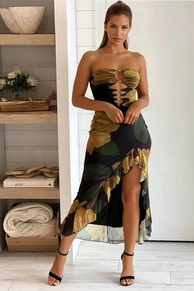 black floral ruffled slit dress